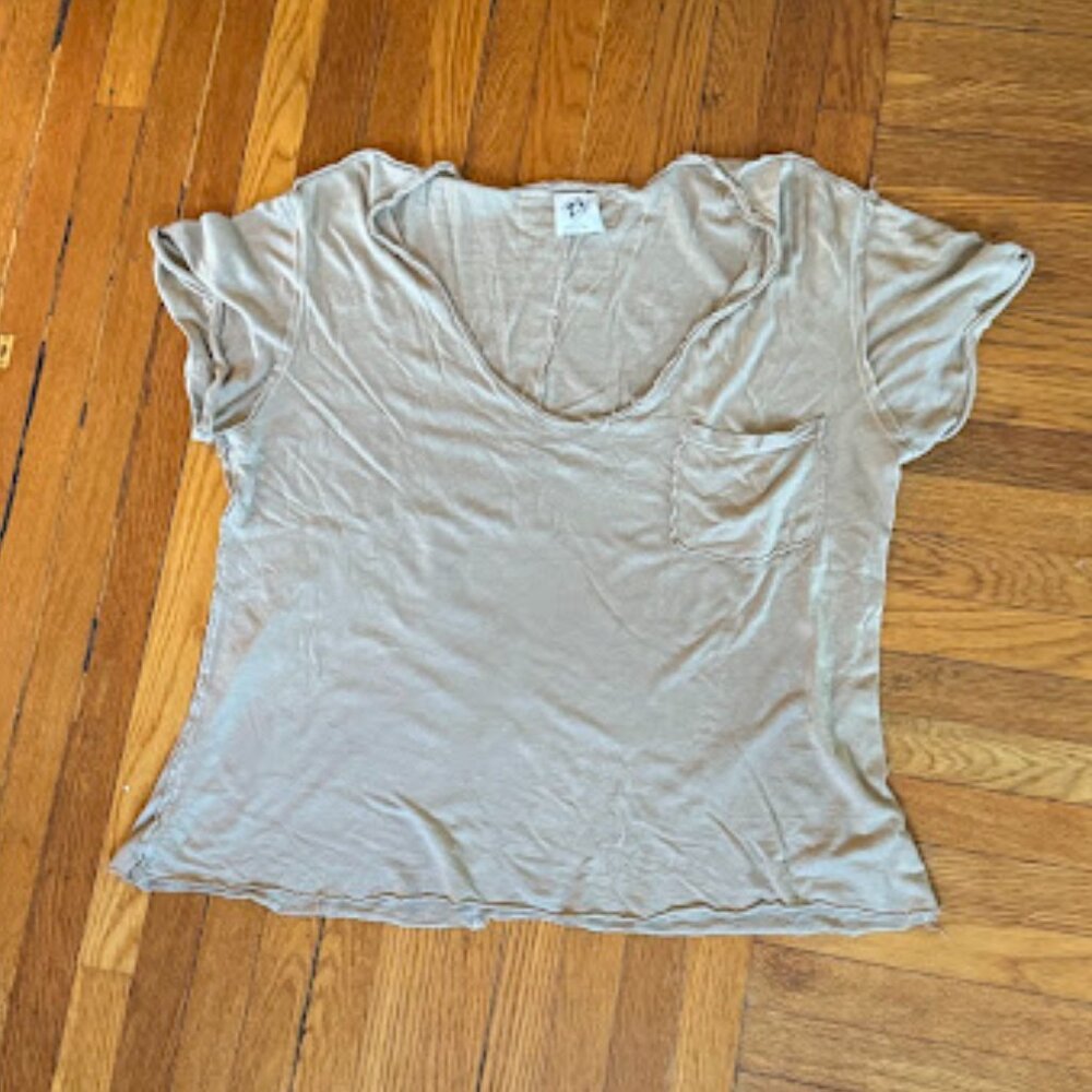 we the free raw edge oversized tee shirt beige xs pocket taupe distressed